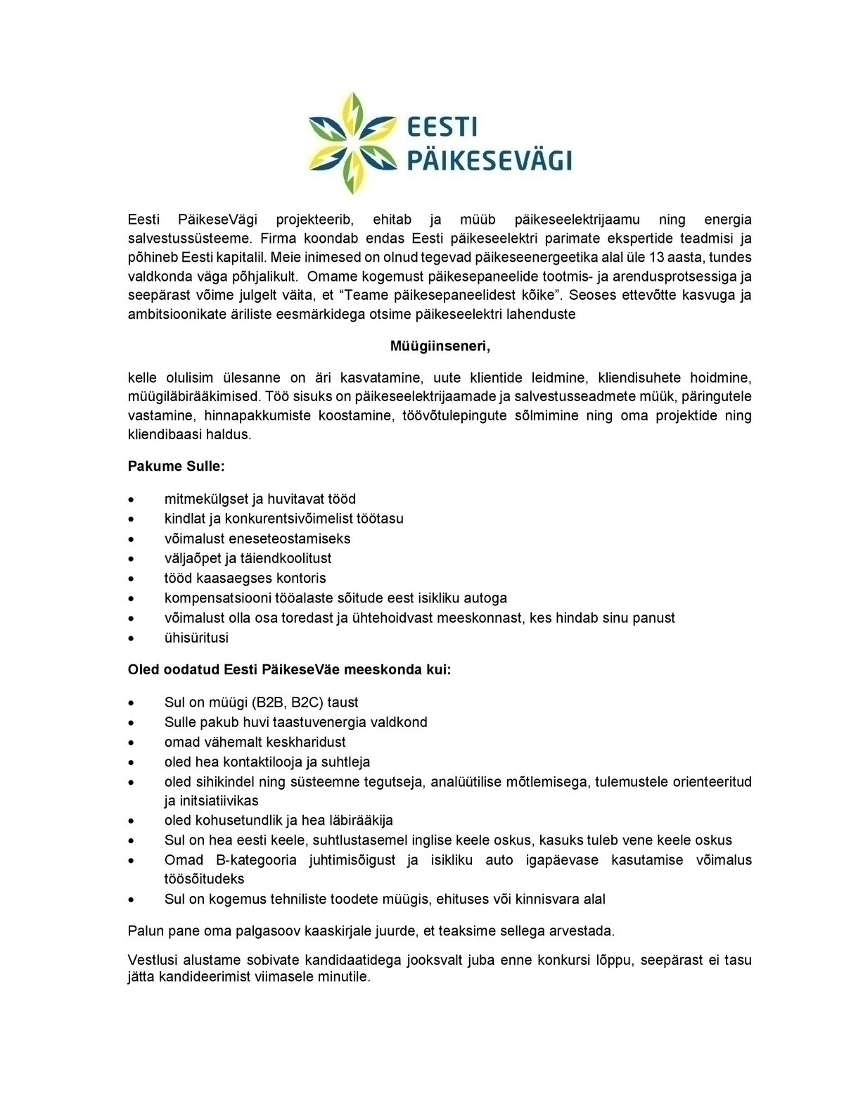 Eesti PäikeseVägi OÜ Müügiinsener