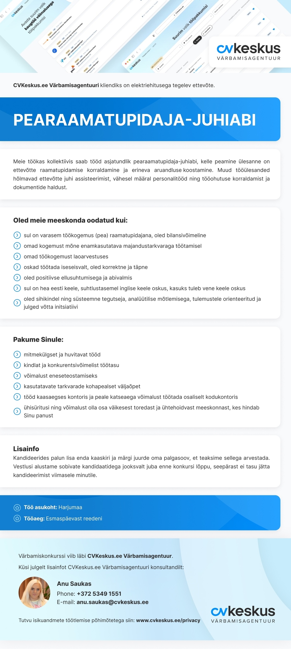 CVKeskus.ee Värbamisagentuur PEARAAMATUPIDAJA-JUHIABI