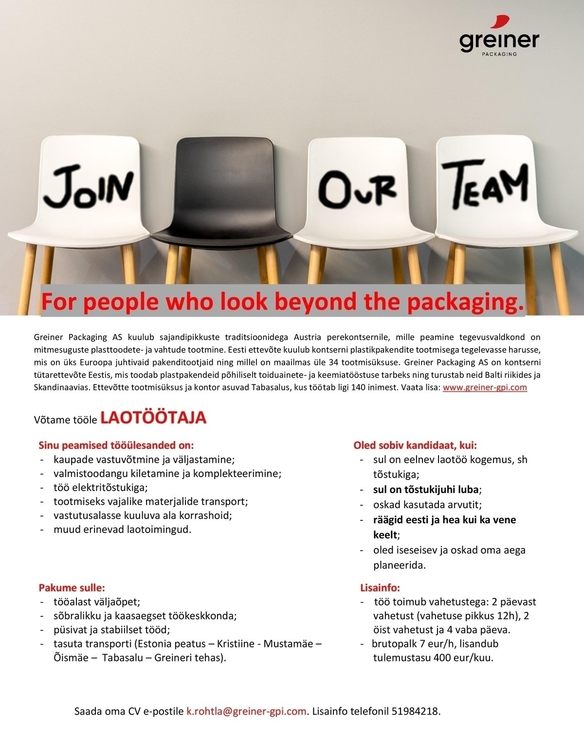 Greiner Packaging AS Laotöötaja Tabasalus transpordiga