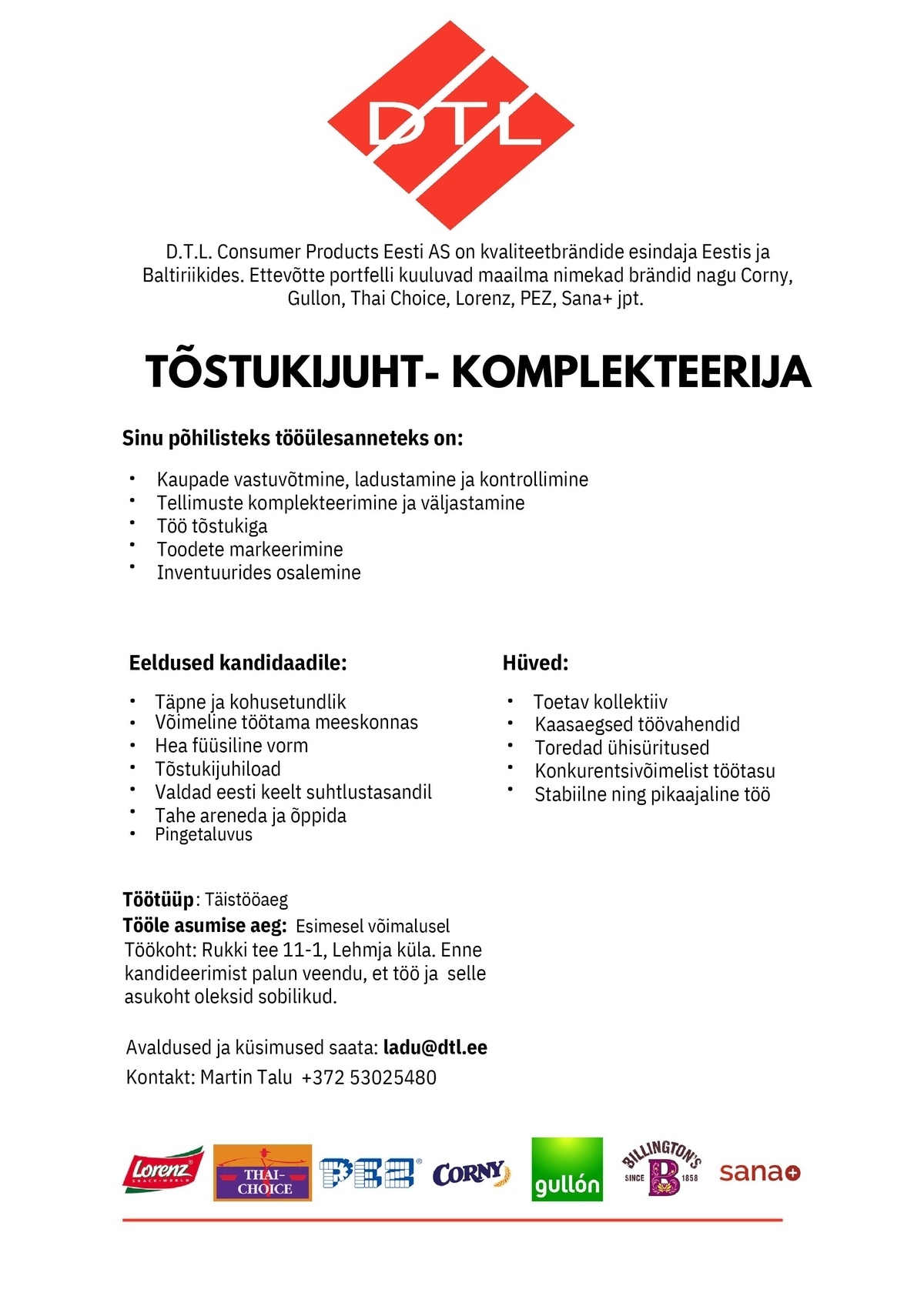 D.T.L. Consumer Products Eesti AS Tõstukijuht-komplekteerija