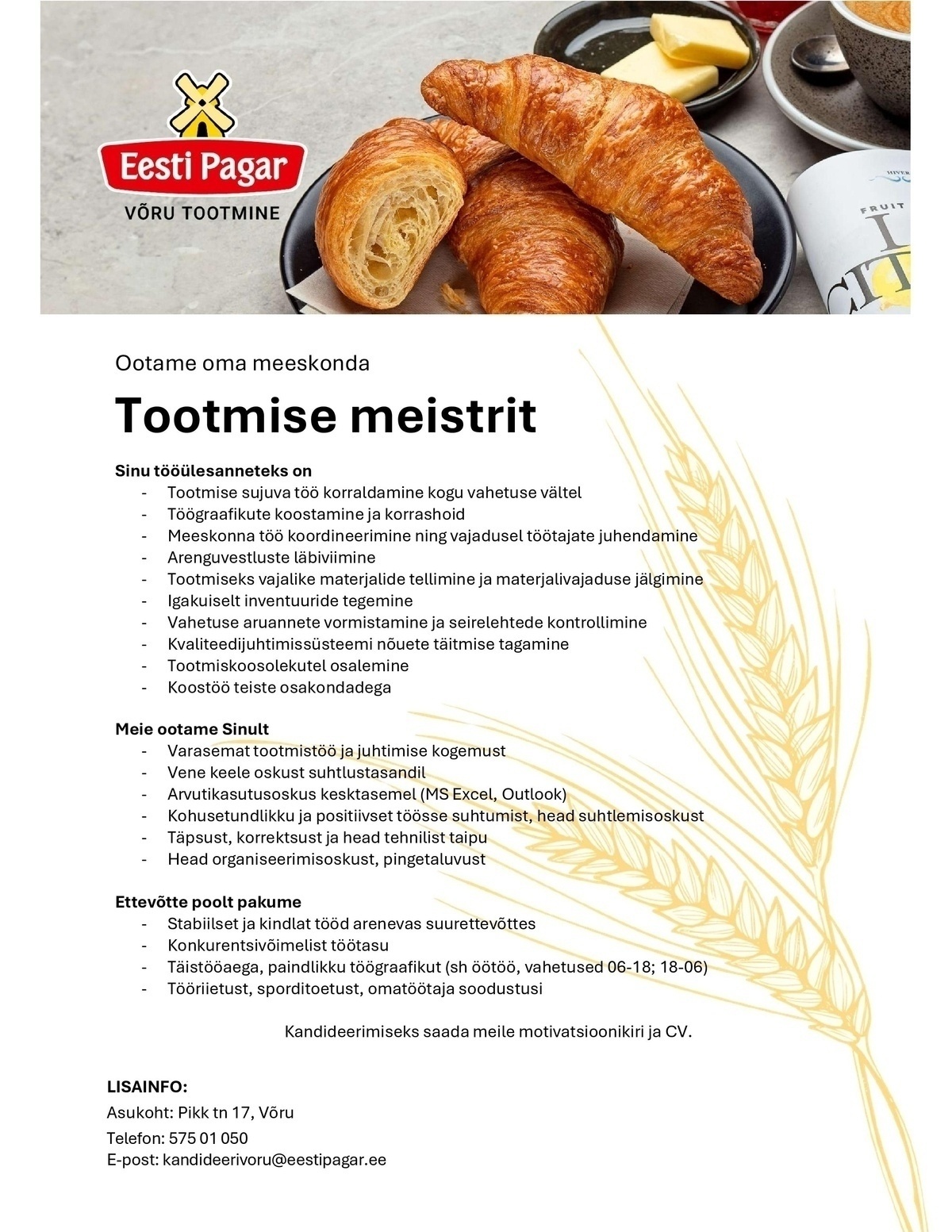 CRISTELLA VT OÜ Tootmismeister/ vahetuse juht