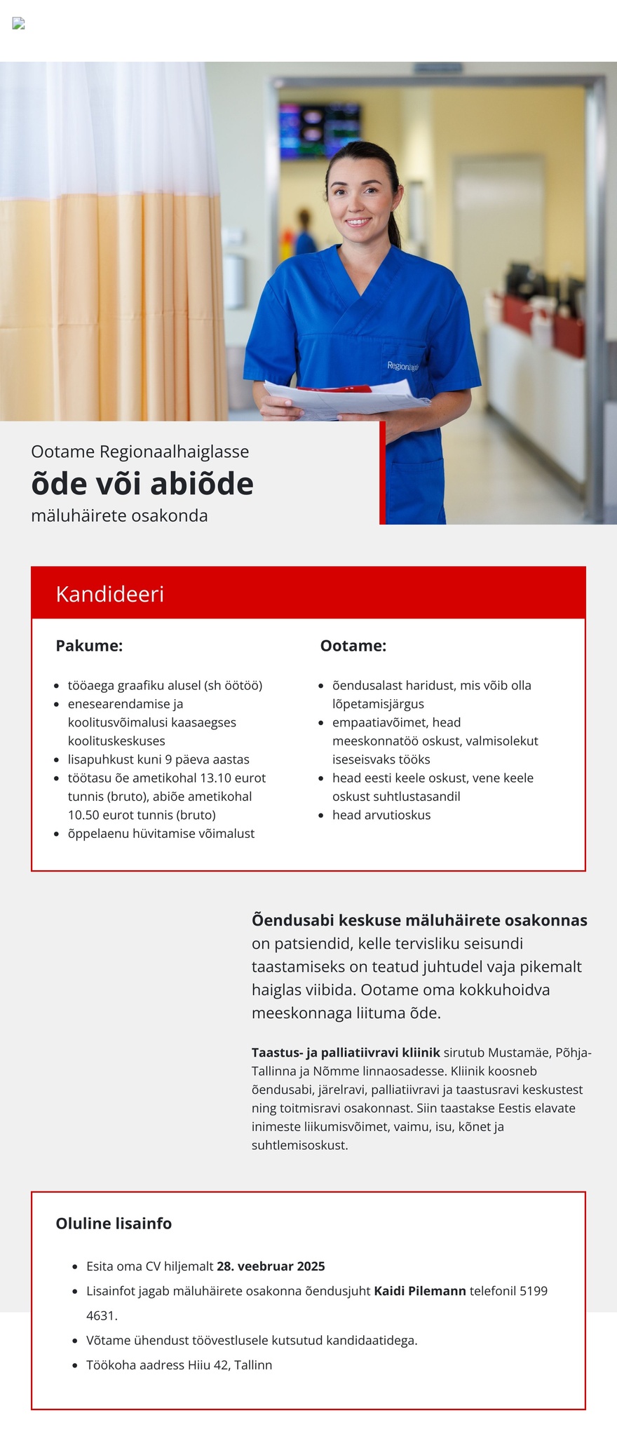 Põhja-Eesti Regionaalhaigla Õde või abiõde mäluhäirete osakonda