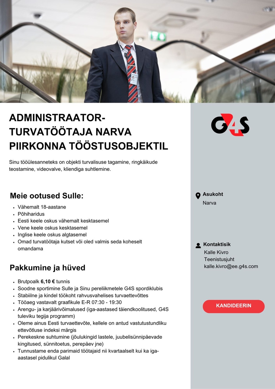 AS G4S Eesti Administraator - turvatöötaja Narva piirkonna tööstusobjektil