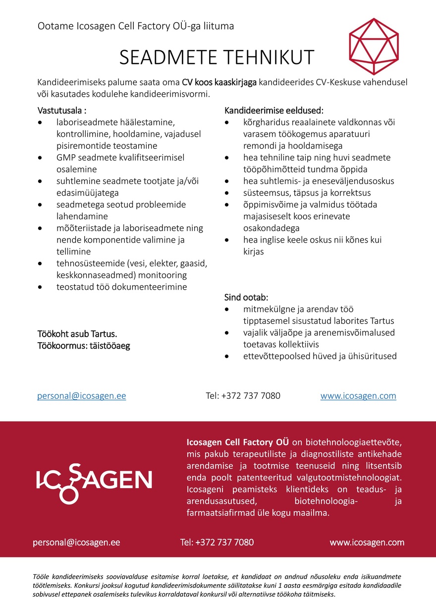 Icosagen Cell Factory OÜ Seadmete tehnik (GMP)