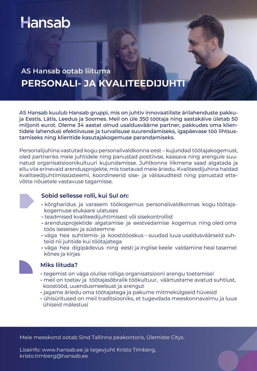 AS Hansab Personali- ja kvaliteedijuht