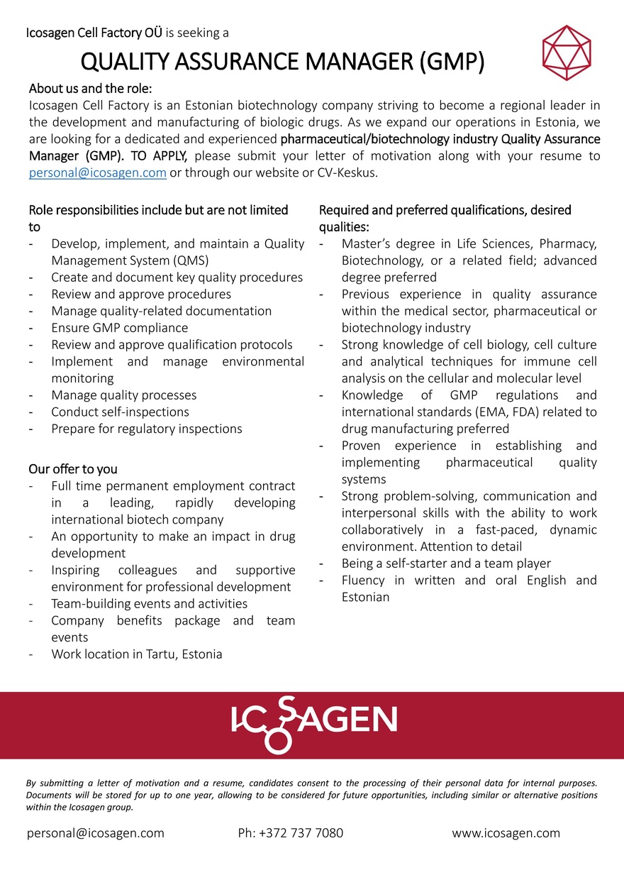 Icosagen Cell Factory OÜ QUALITY ASSURANCE MANAGER (GMP)