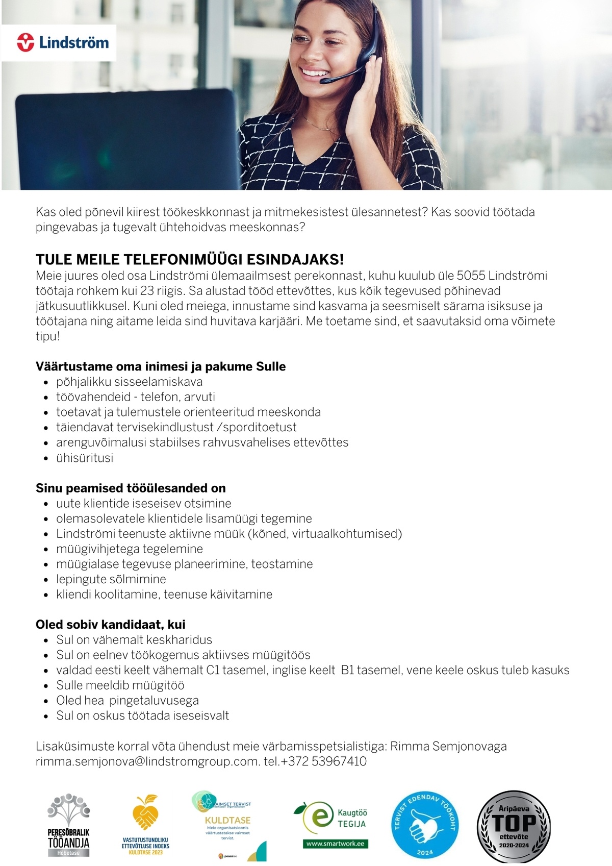 Lindström OÜ Eelneva töökogemusega telefonimüügi esindaja