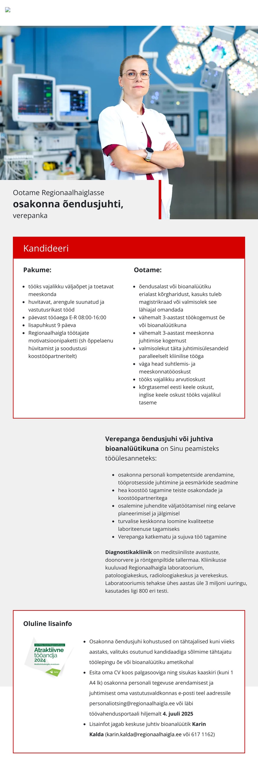 Põhja-Eesti Regionaalhaigla Õendusjuht verepanka