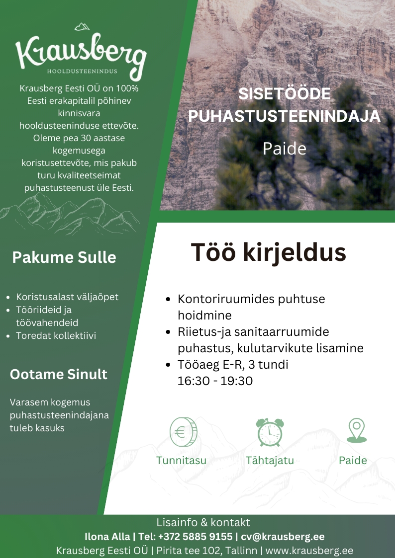 Krausberg Eesti OÜ Puhastuteenindaja (Paide, osaline tööaeg)