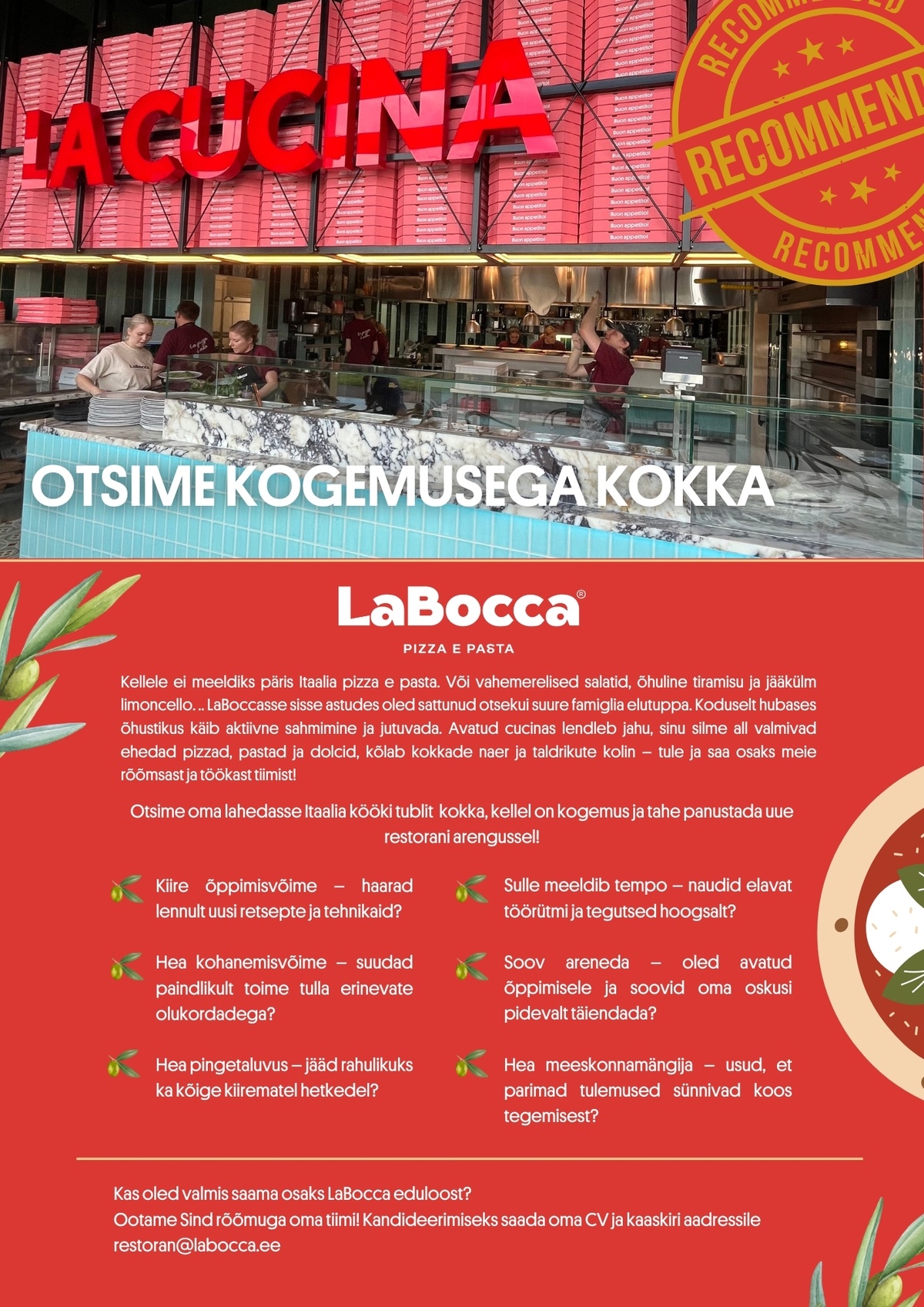 Osteria Group OÜ Otsime oma lahedasse Itaalia kööki kogemusega kokka!