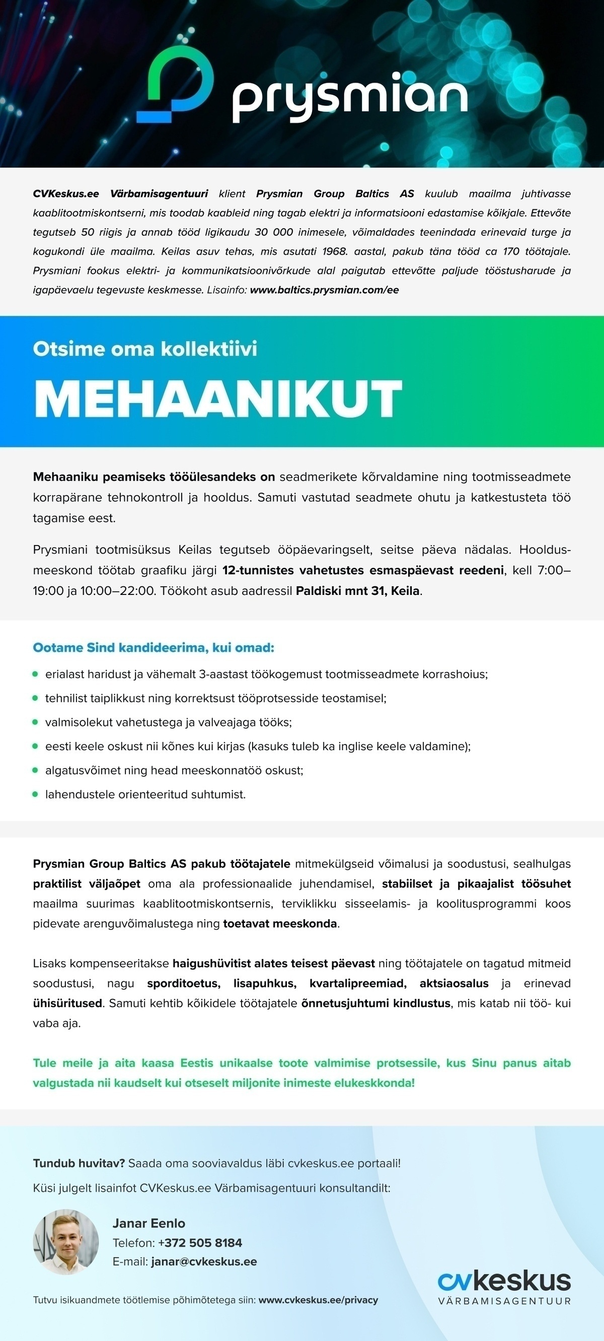 Prysmian Group Baltics AS TOOTMISSEADMETE MEHAANIK