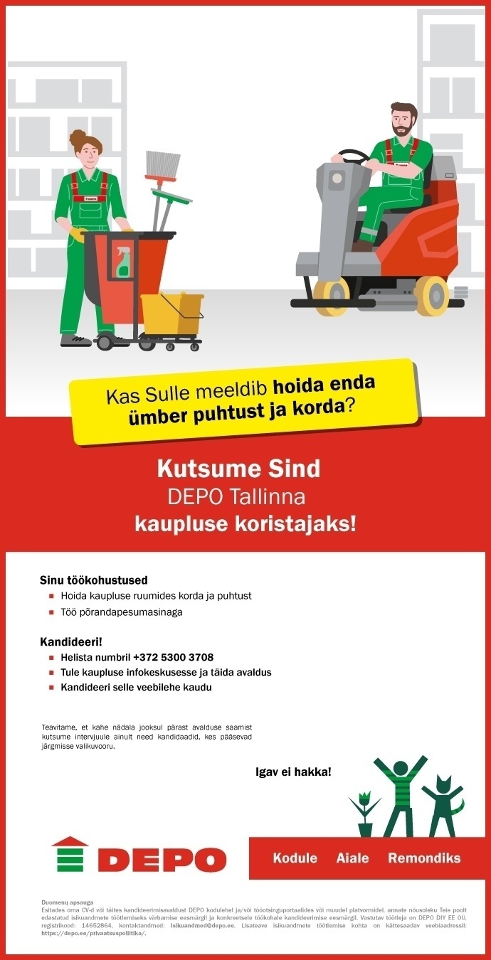DEPO DIY EE OÜ Kutsume Sind DEPO Tallinna kaupluse koristajaks