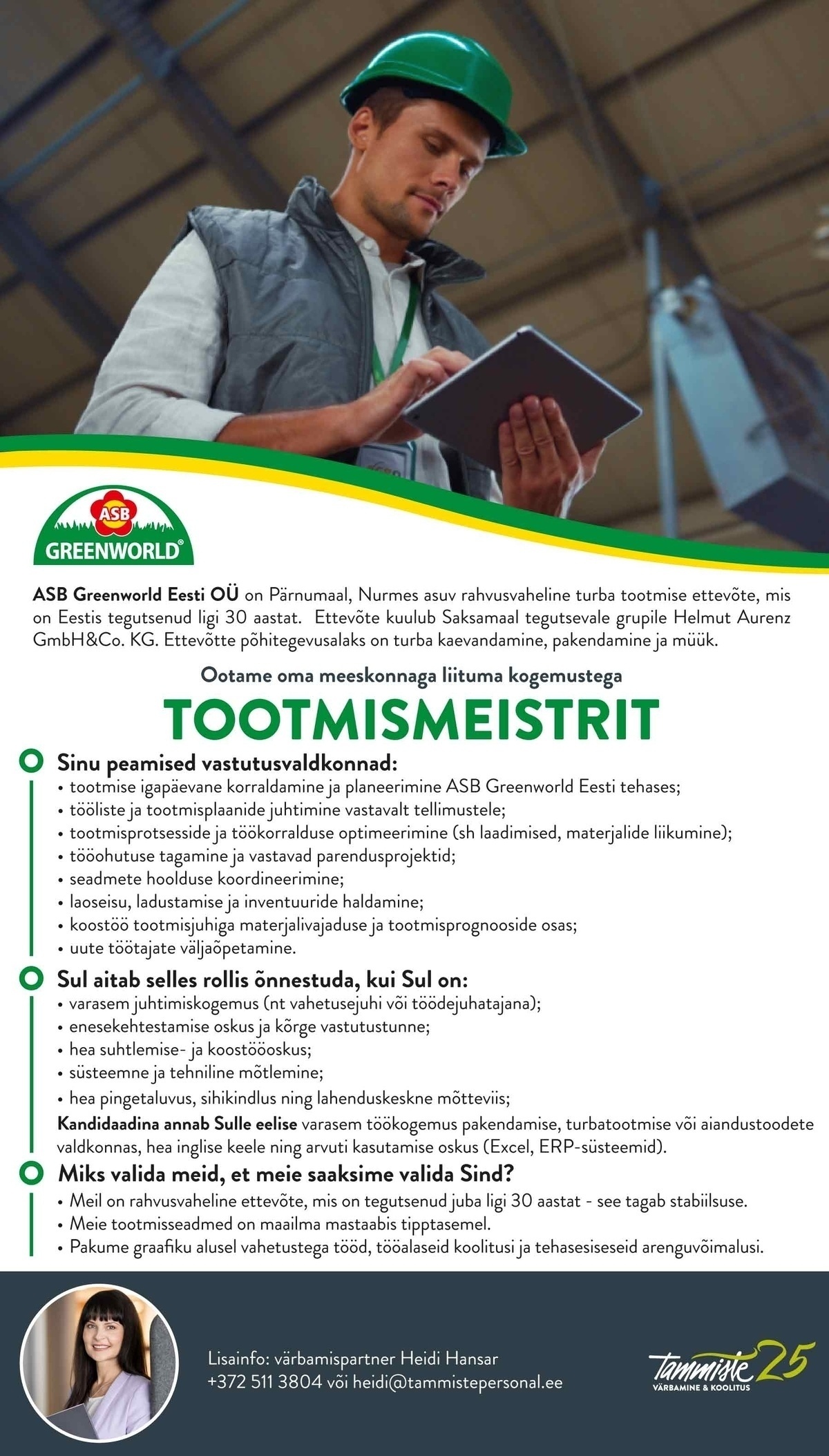 Tammiste Personalibüroo OÜ Tootmismeister (ASB Greenworld Eesti OÜ)
