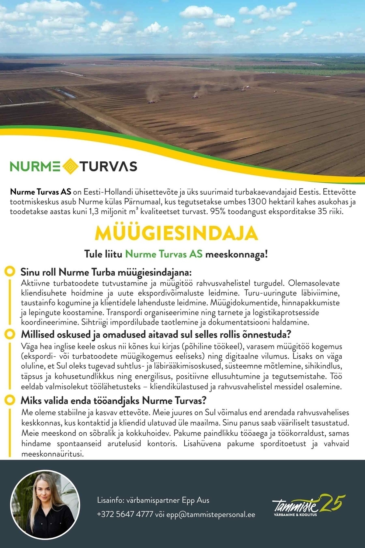 Tammiste Personalibüroo OÜ Müügiesindaja (Nurme Turvas AS)