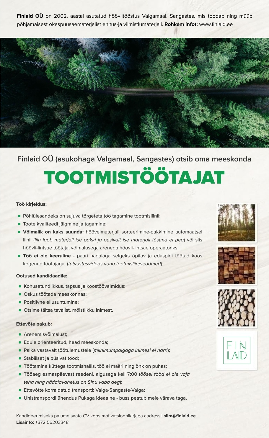 Finlaid OÜ Tootmistöötaja