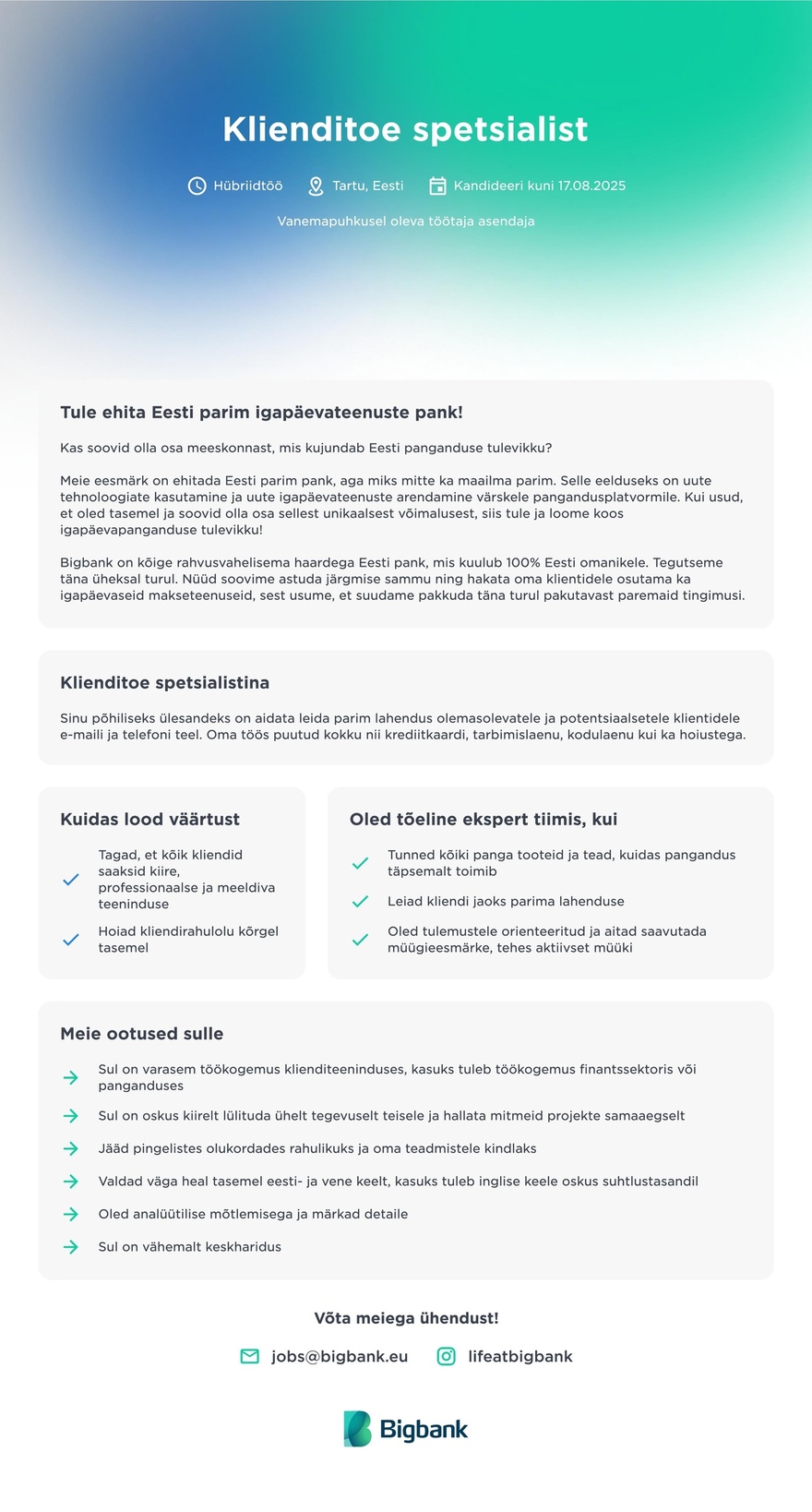 Bigbank AS Klienditoe spetsialist