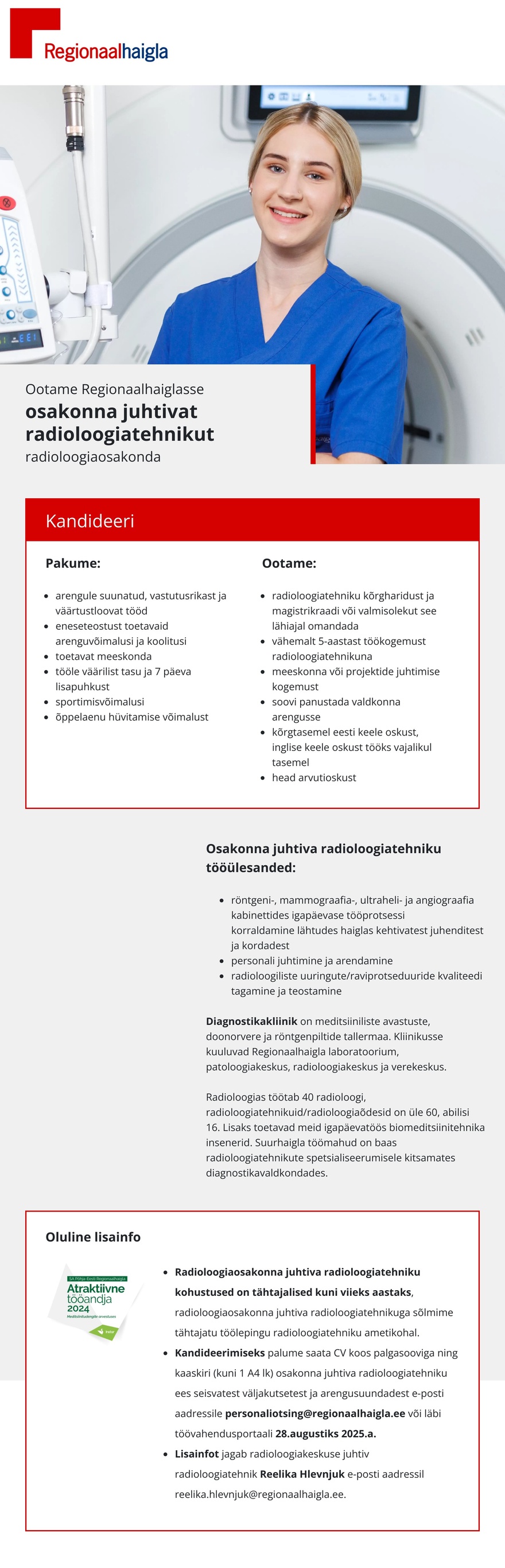 Põhja-Eesti Regionaalhaigla Juhtiv radioloogiatehnik radioloogiaosakonda