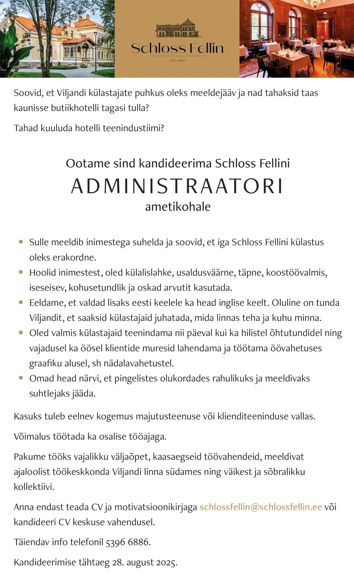 Schlossfellin OÜ Hotelli administraator