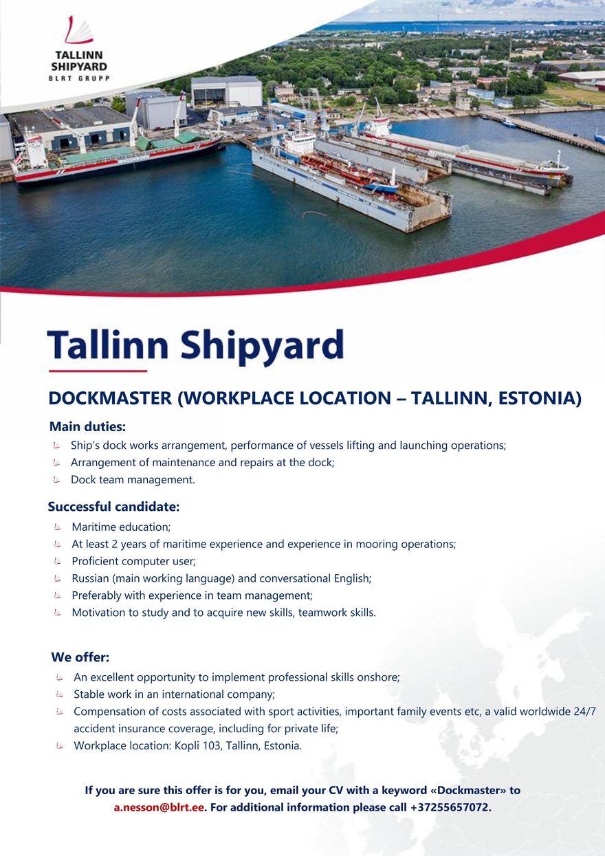 Tallinn Shipyard OÜ DOCKMASTER (WORKPLACE LOCATION – TALLINN, ESTONIA)