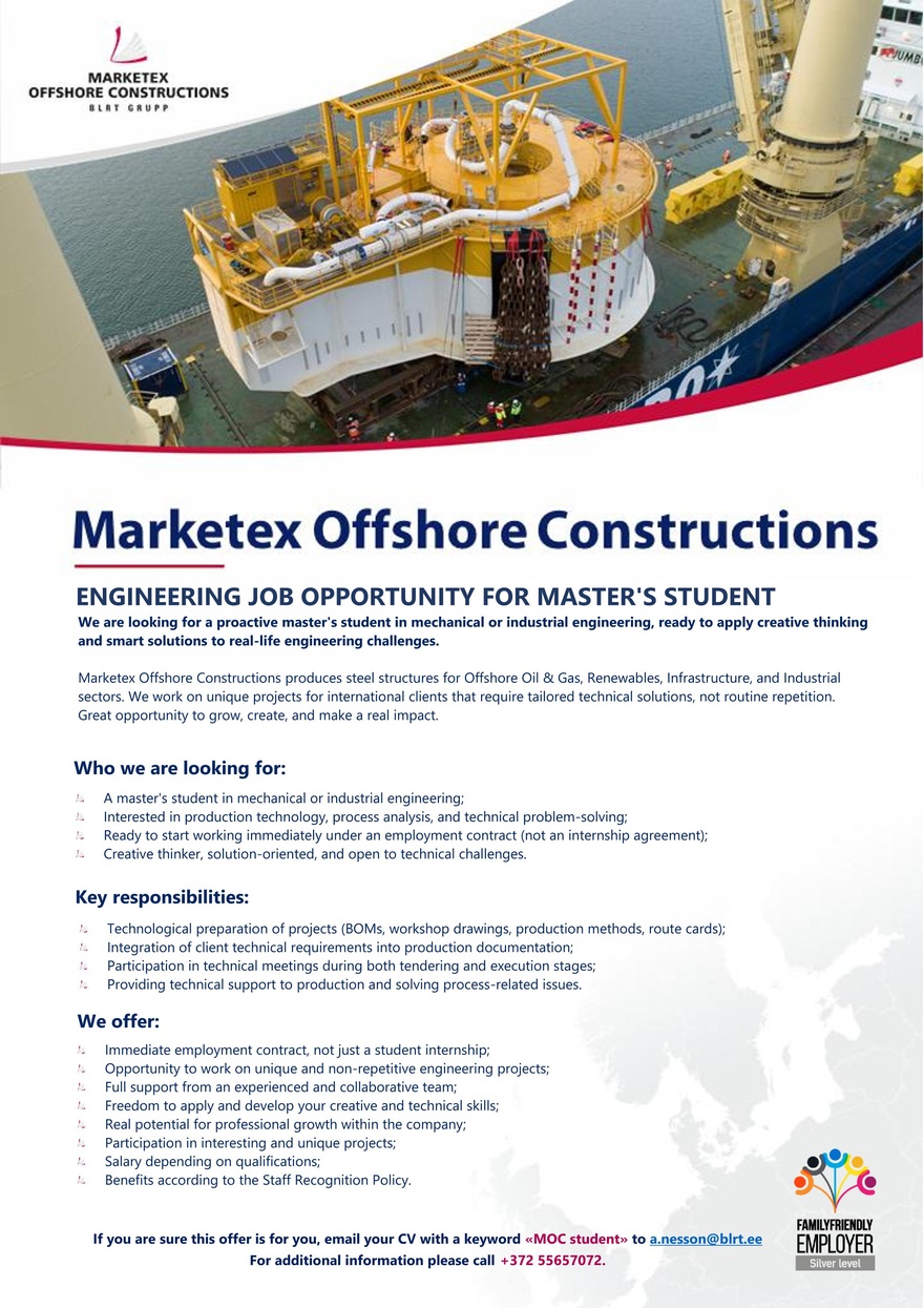 Marketex Offshore Constructions OÜ Engineer Role for Master’s Student