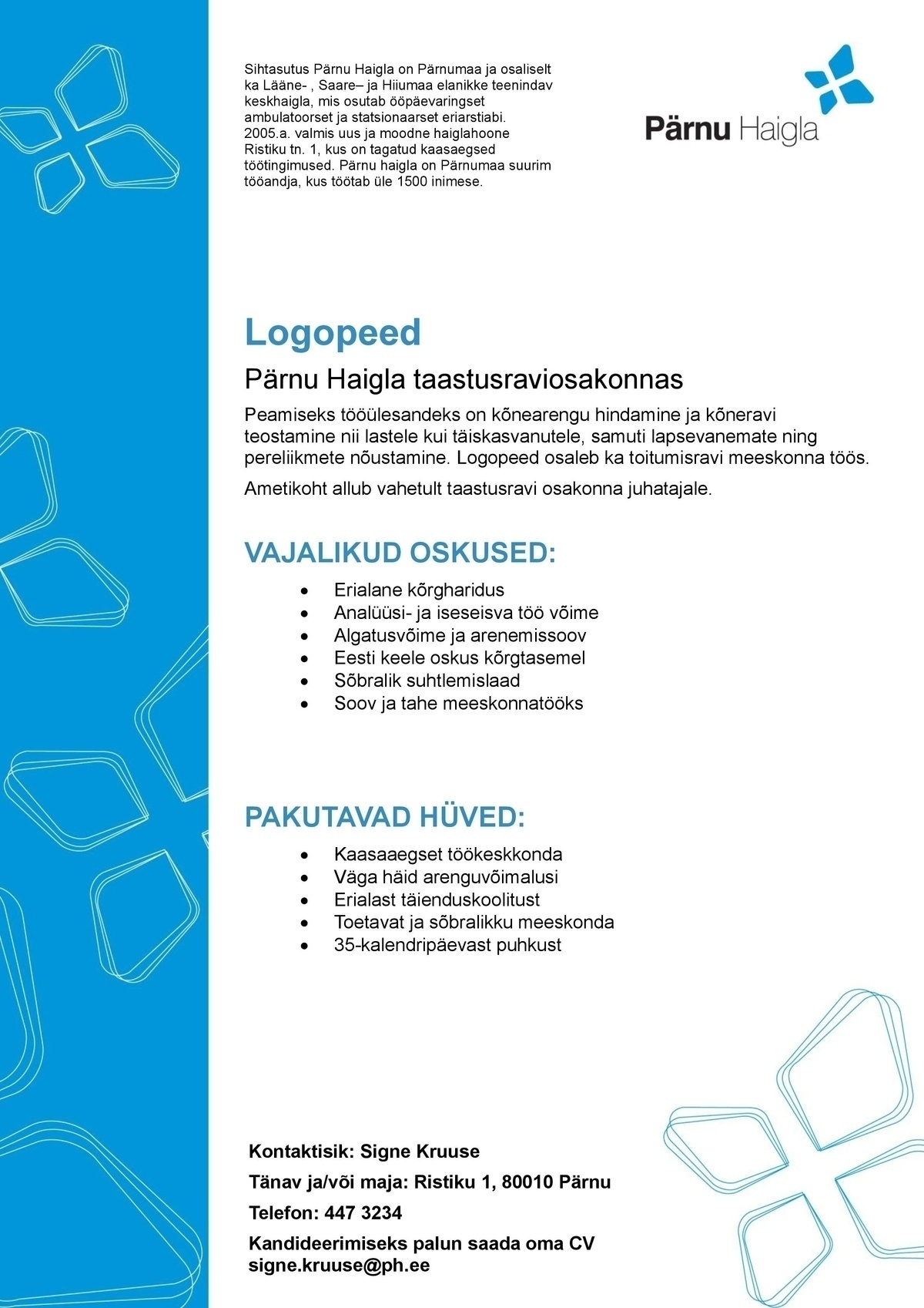 Pärnu Haigla SA Logopeed taastusraviosakonnas