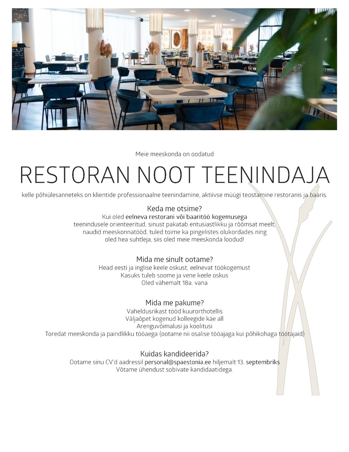 Estonia Spa Hotels AS Teenindaja restoranis NOOT Estonia Spa Hotels´is