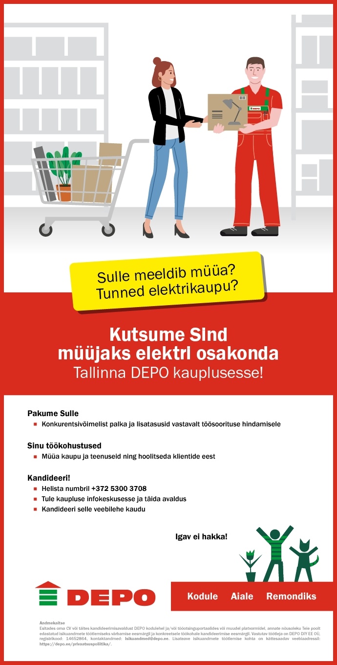 DEPO DIY EE OÜ Kutsume Sind müüjaks elektri osakonda Tallinna DEPO kauplusesse
