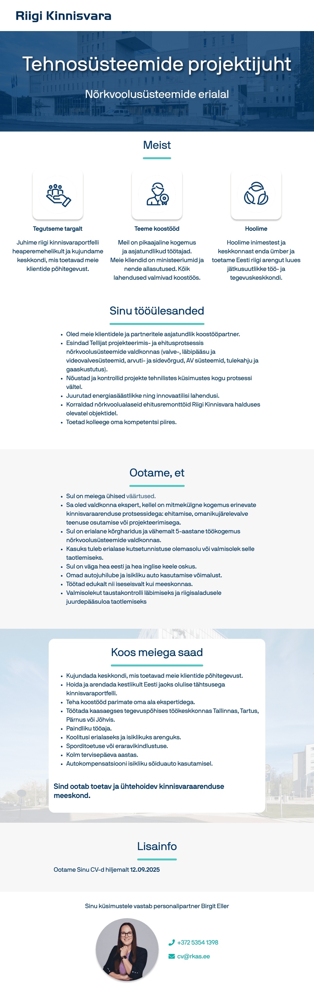 Riigi Kinnisvara AS Tehnosüsteemide projektijuht