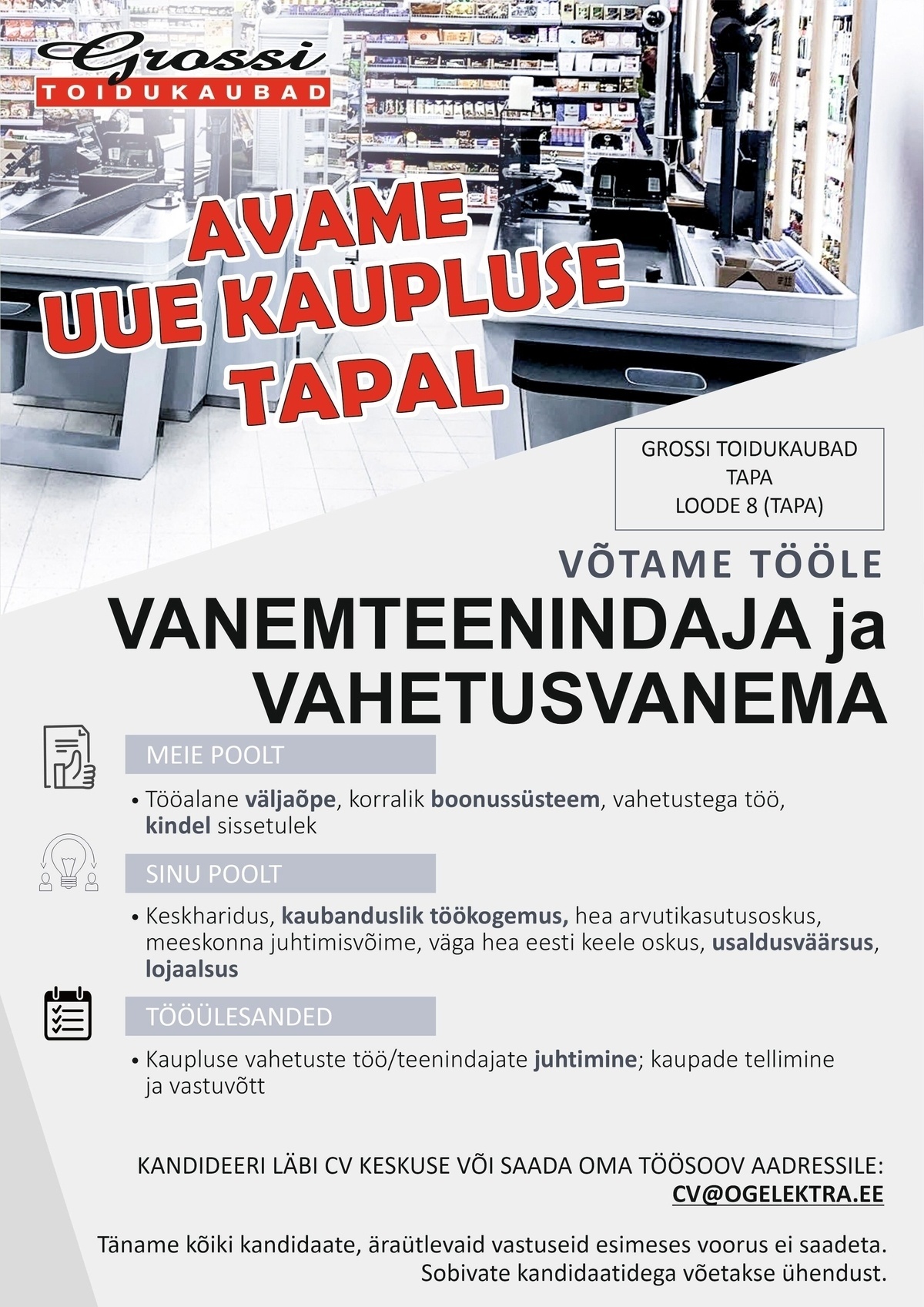 OG Elektra AS Vanemteenindaja ja vahetusvanem (UUS kauplus Tapal)