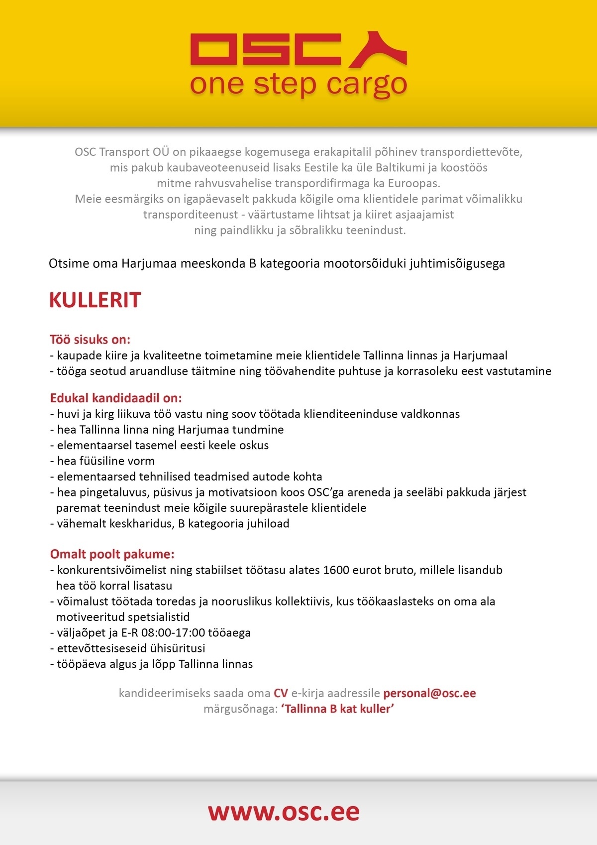 OSC TRANSPORT OÜ Autojuht-kuller B kat