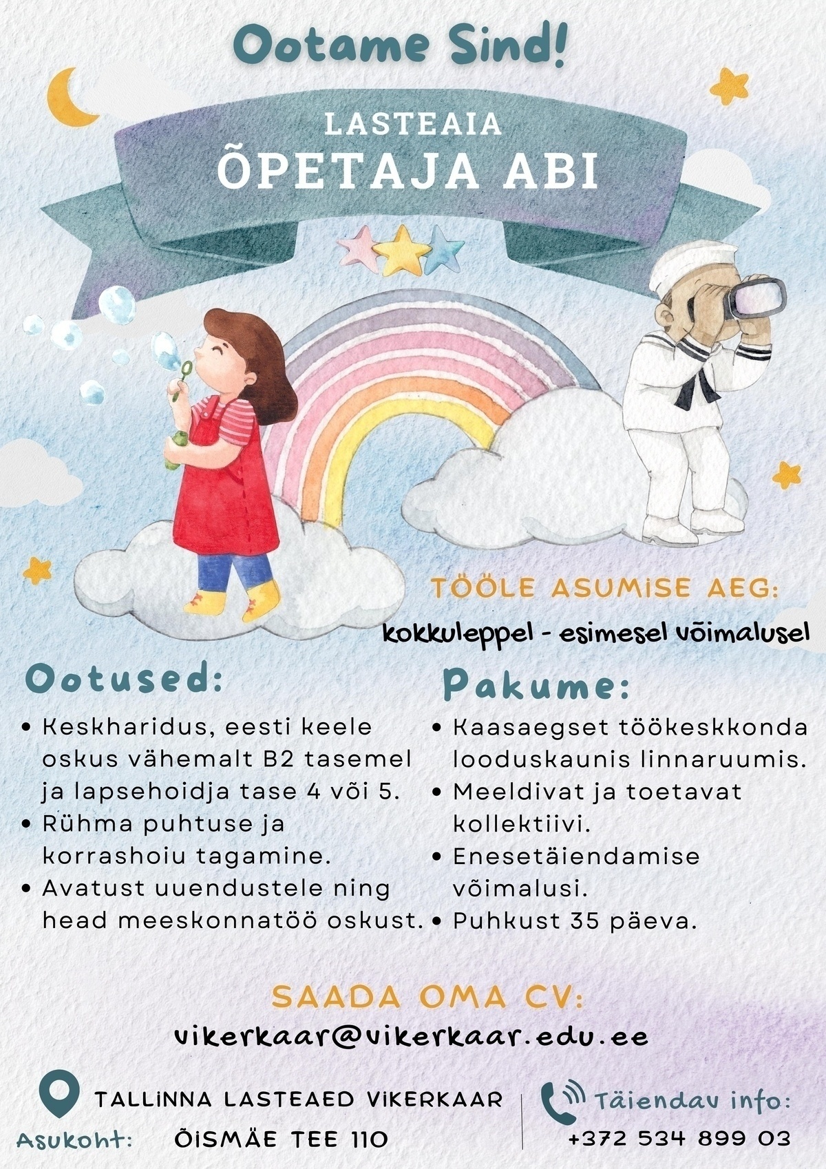 Tallinna Lasteaed Vikerkaar Õpetaja abi