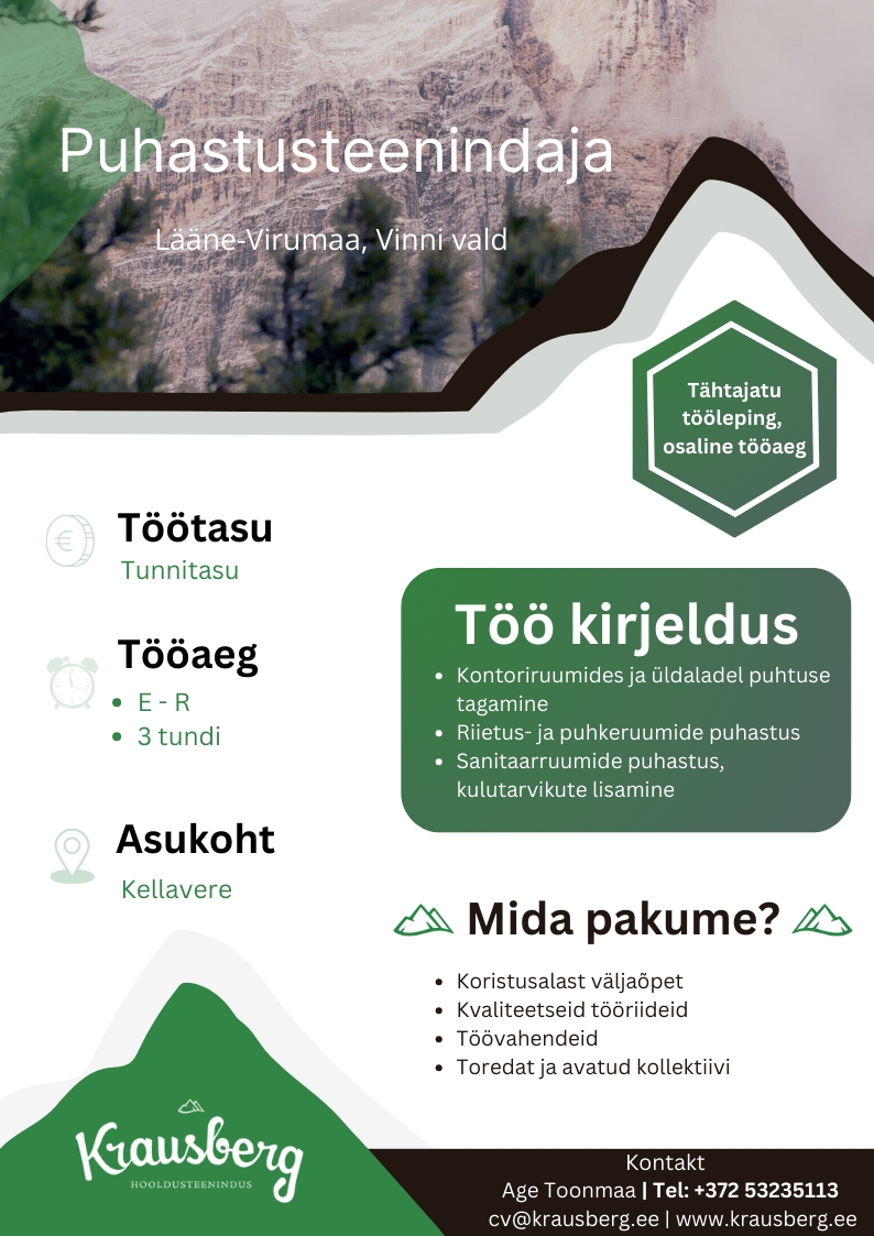 Krausberg Eesti OÜ Puhastusteenindaja, Lääne-Virumaa, Kellavere, osalise tööajaga