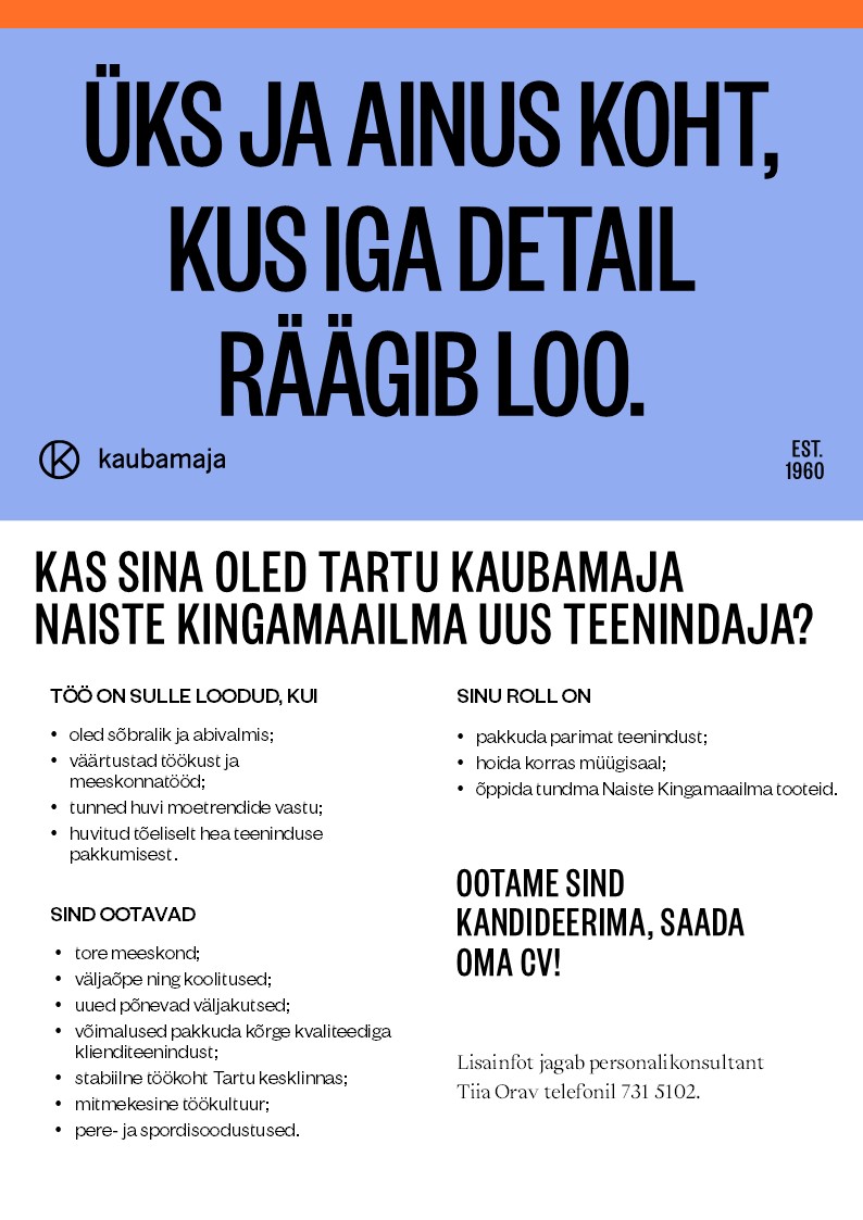 Kaubamaja Naiste Kingamaailma teenindaja Tartu Kaubamajas