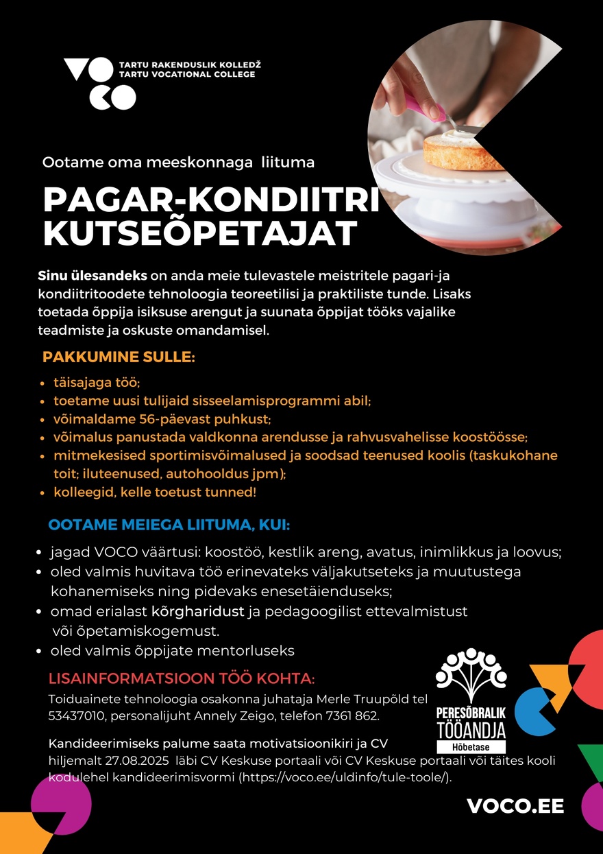 Tartu Rakenduslik Kolledž Pagar-kondiitri kutseõpetaja