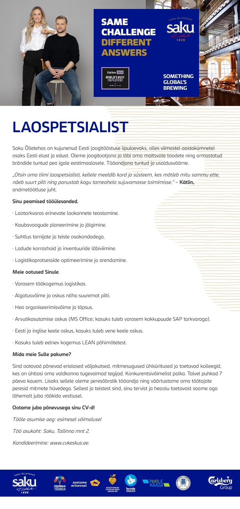 Saku Õlletehase AS Laospetsialist