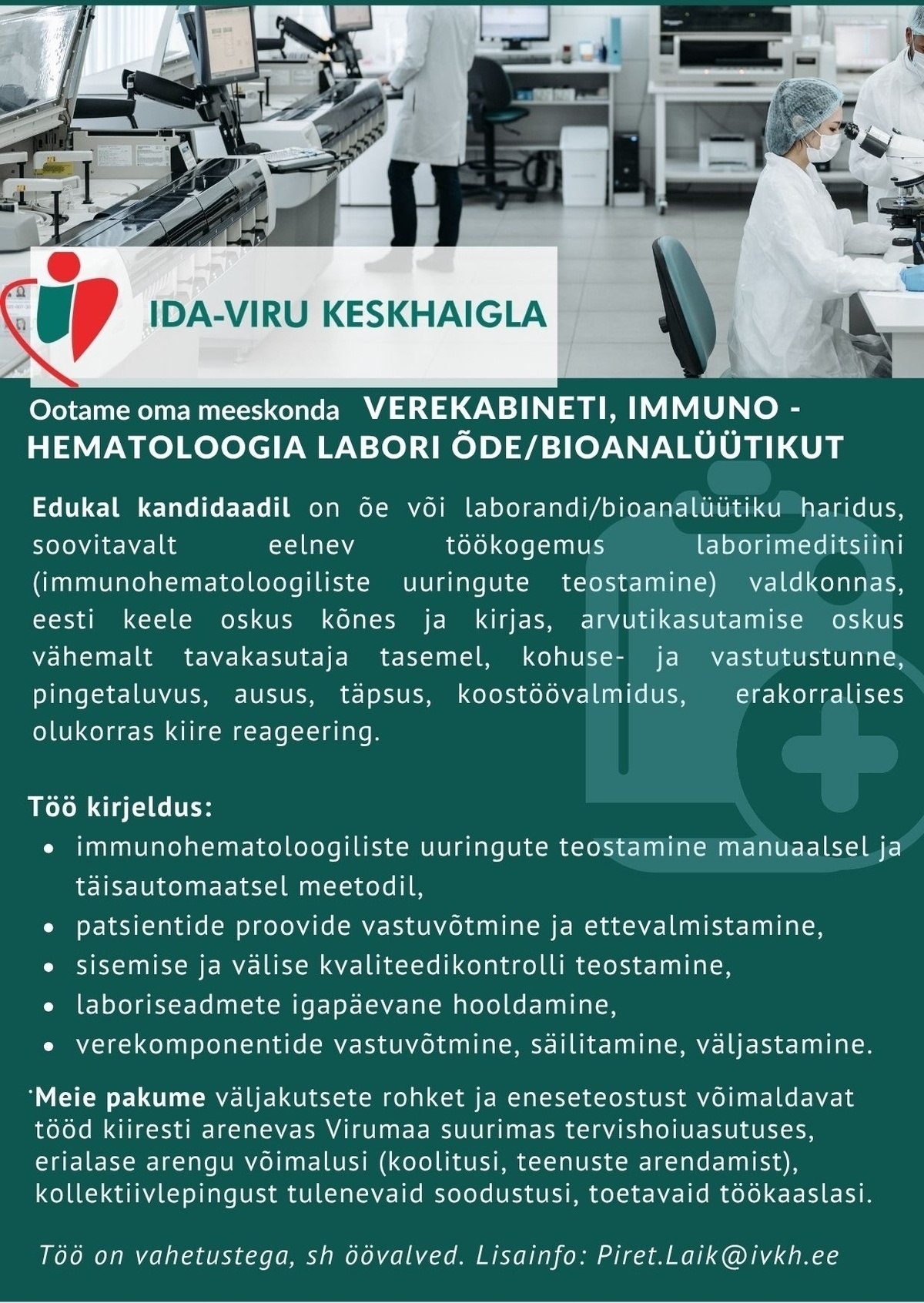 Ida-Viru Keskhaigla SA Verekabineti, immunohematoloogia labori õde/bioanalüütik