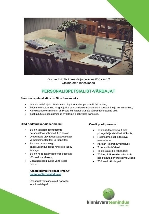 Kinnisvarateenindus OÜ PERSONALISPETSIALIST - VÄRBAJA