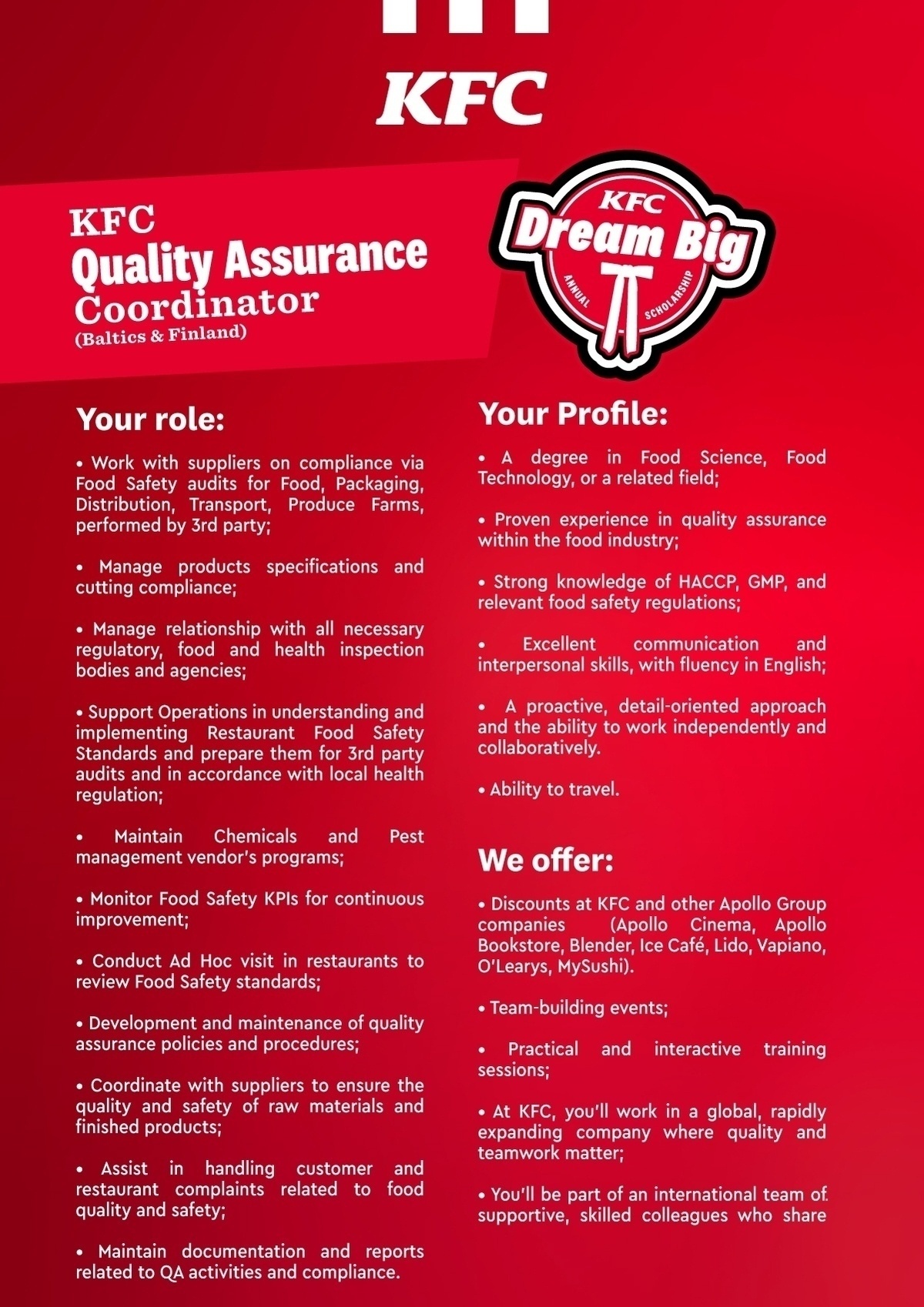 APL Fresh Food OÜ KFC Quality Assurance Coordinator (Baltics & Finland)