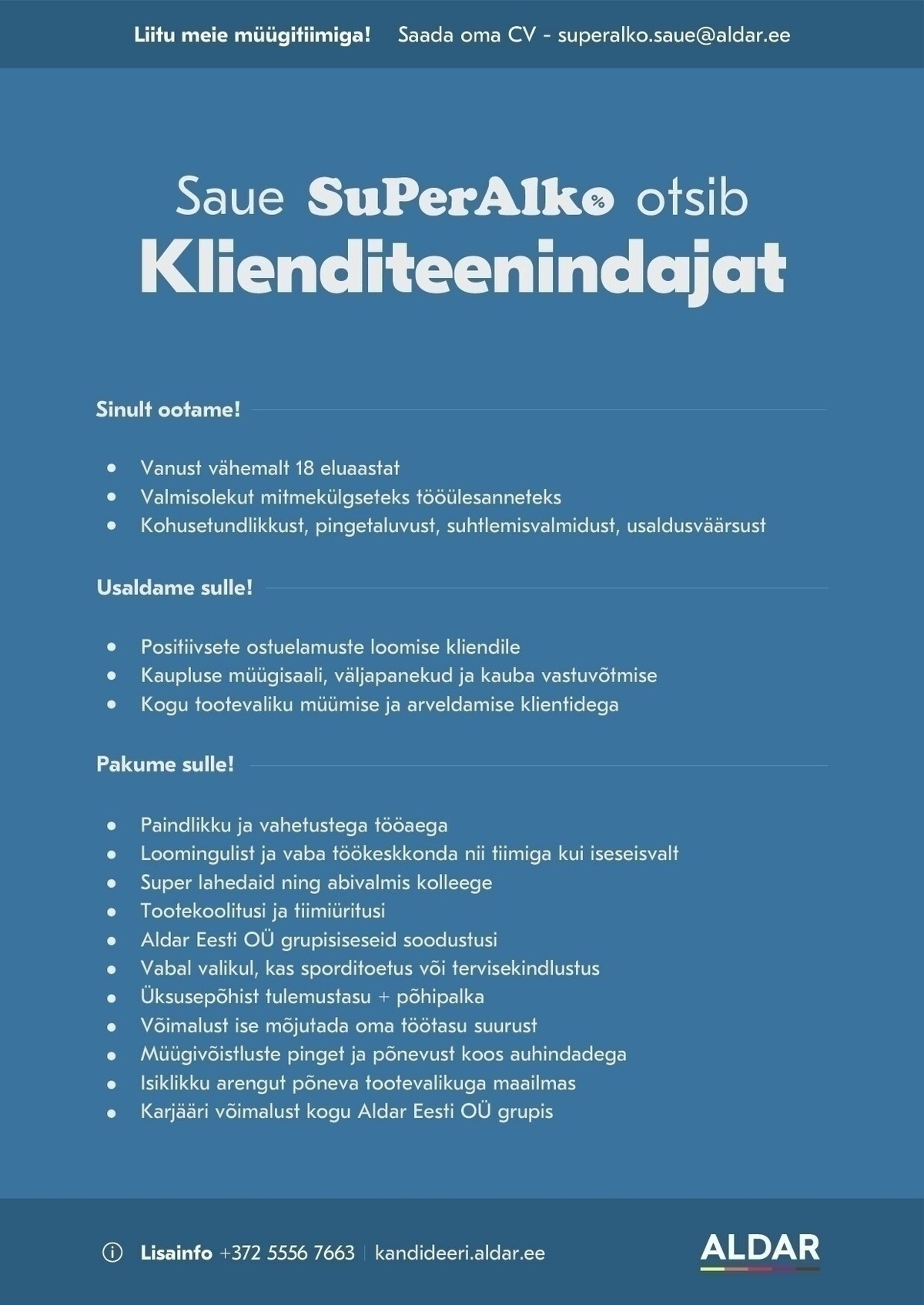 Aldar Eesti OÜ Klienditeenindaja Saue SuperAlkosse