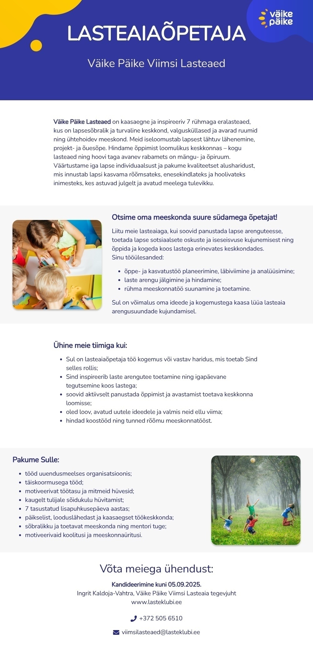 Lasteaed Väike Päike Viimsis Lasteaiaõpetaja