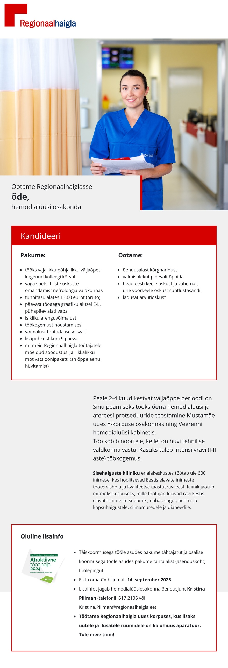 Põhja-Eesti Regionaalhaigla Õde hemodialüüsi osakonda