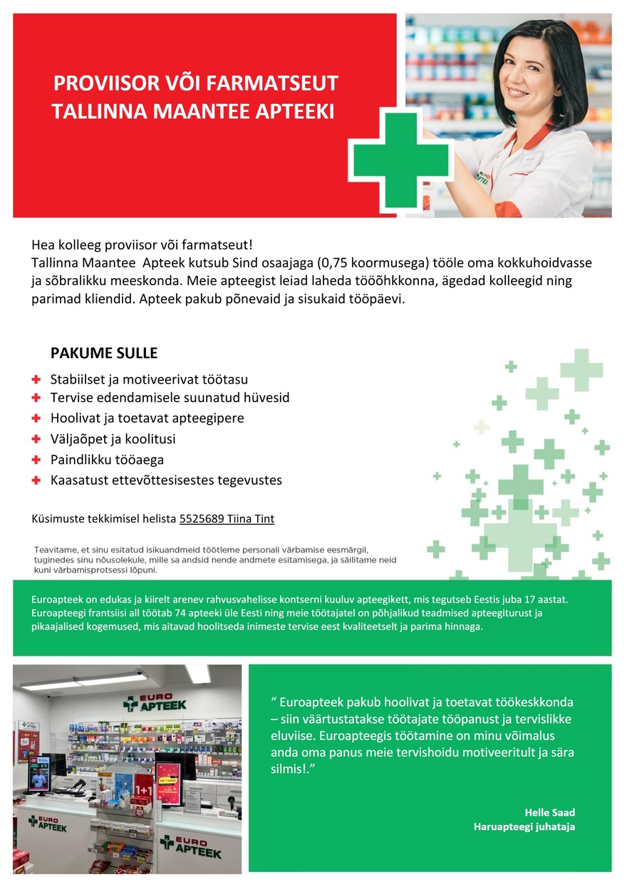 Euroapteek OÜ Proviisor või farmatseut Tallinna Maantee Apteeki (Kuressaare)