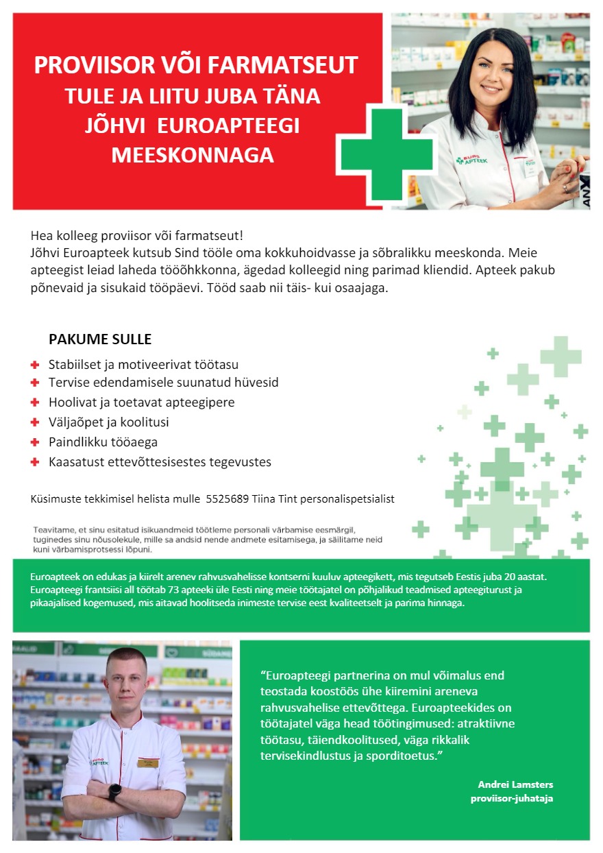 Euroapteek OÜ Jõhvi Euroapteegi proviisor või farmatseut