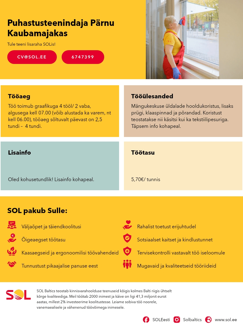 SOL Baltics OÜ Puhastusteenindaja Pärnu Kaubamajakas