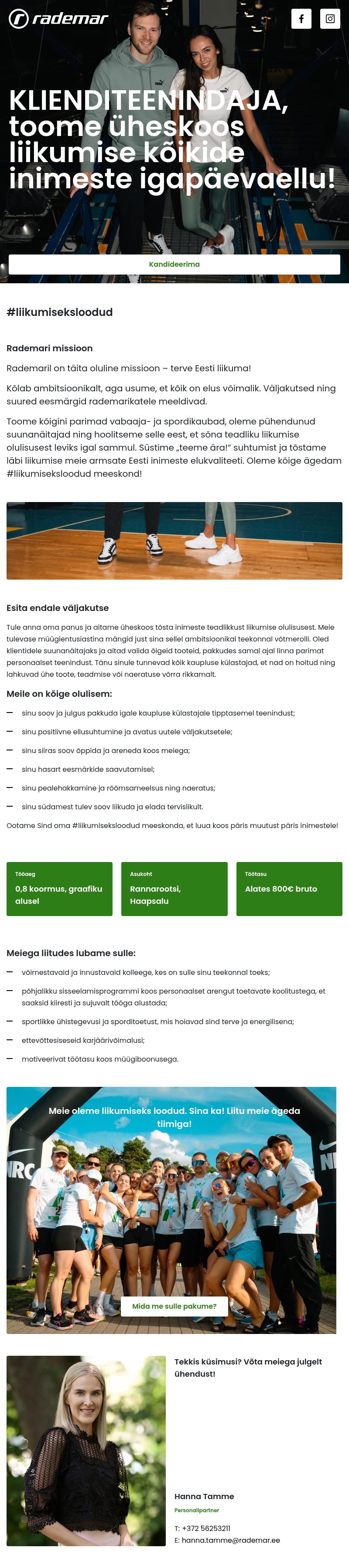 Rademar OÜ Klienditeenindaja- Anna oma panus Rademari Rannarootsi tiimi!