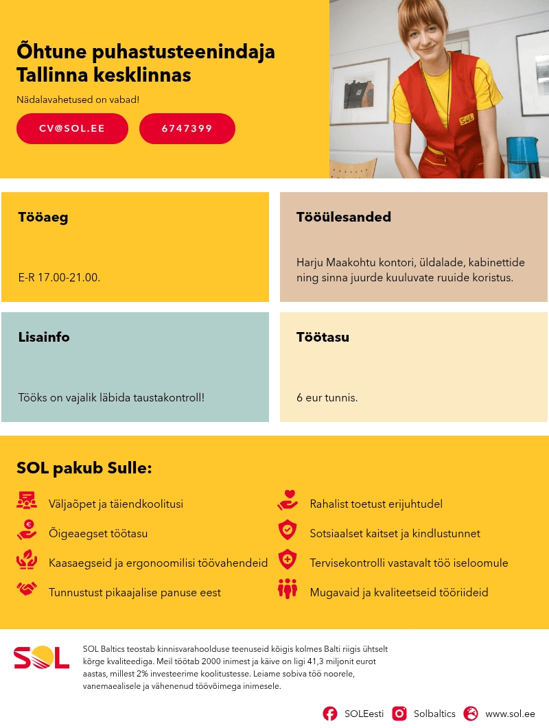 SOL Baltics OÜ Õhtune puhastusteenindaja Tallinna kesklinnas