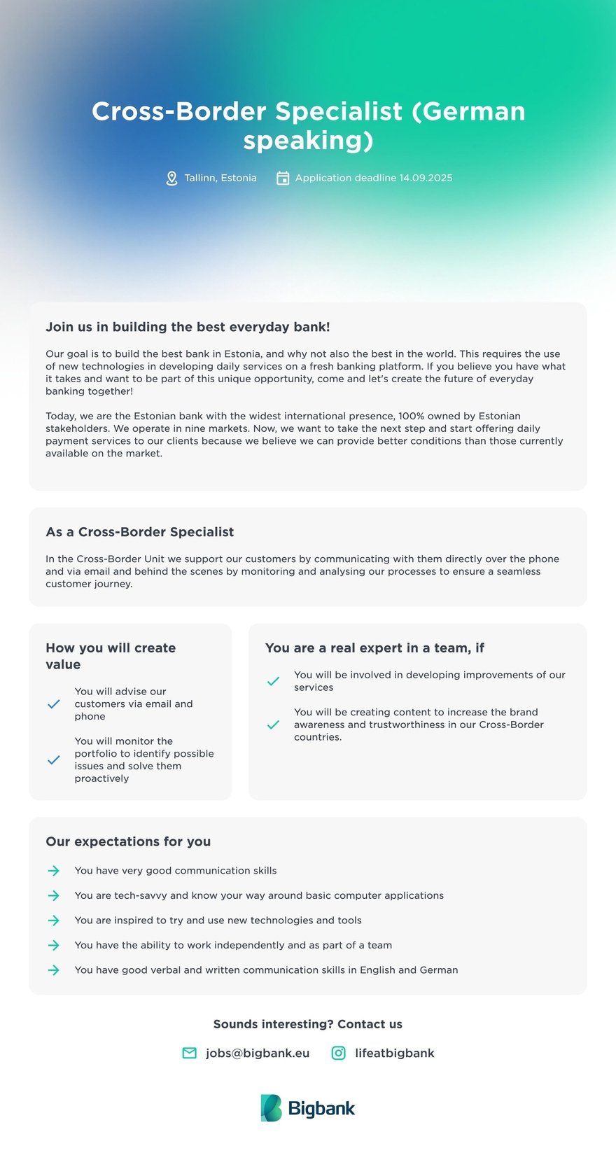 Bigbank AS Cross Border Customer Manager (German speaking)