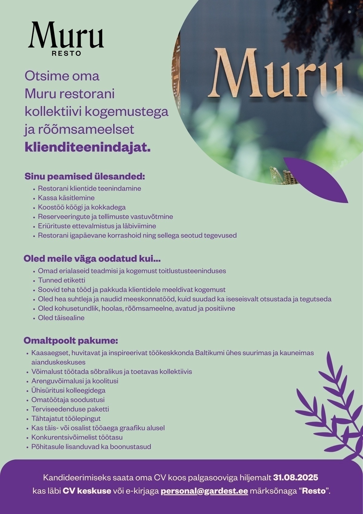 Gardest OÜ Kogemustega klienditeenindaja restorani Muru