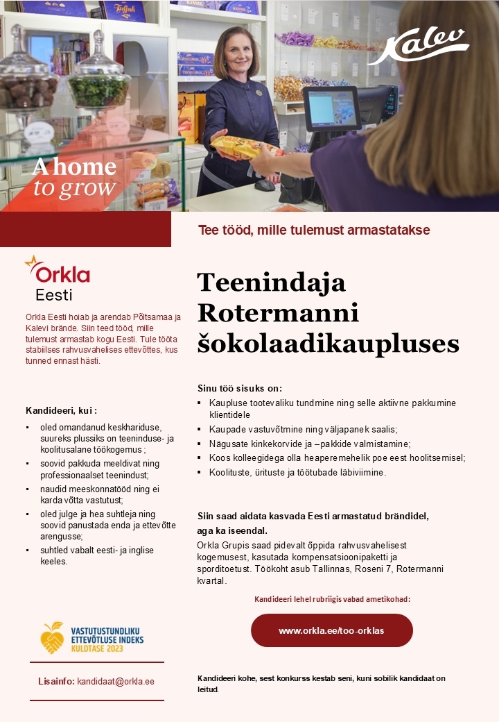 Orkla Eesti AS TEENINDAJA Rotermanni Kalevi šokolaadikauplusesse