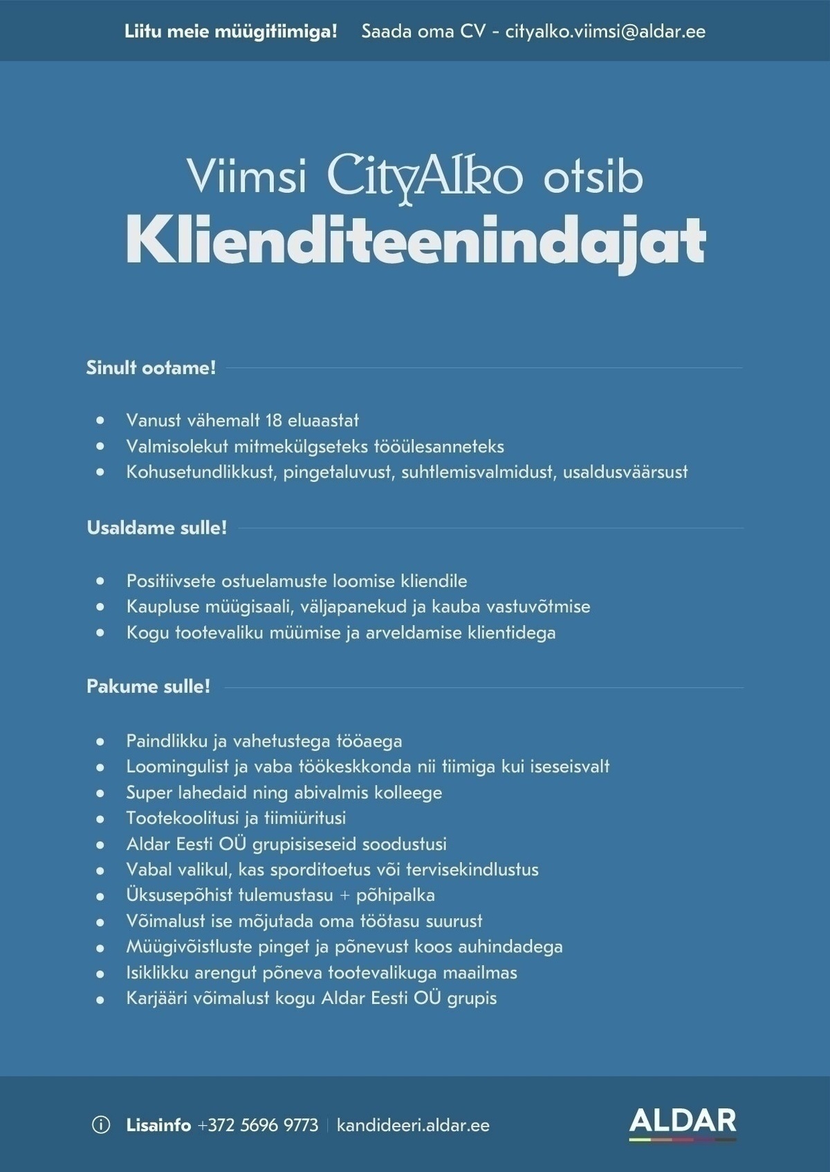 Aldar Eesti OÜ Klienditeenindaja Viimsi CityAlkosse